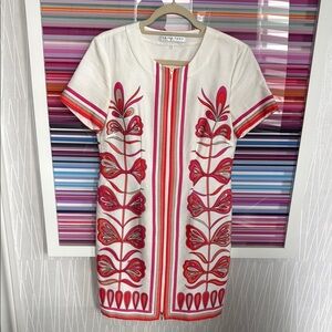 Trina Turk White Mini Dress with Pink & Red Embroidered Motif
